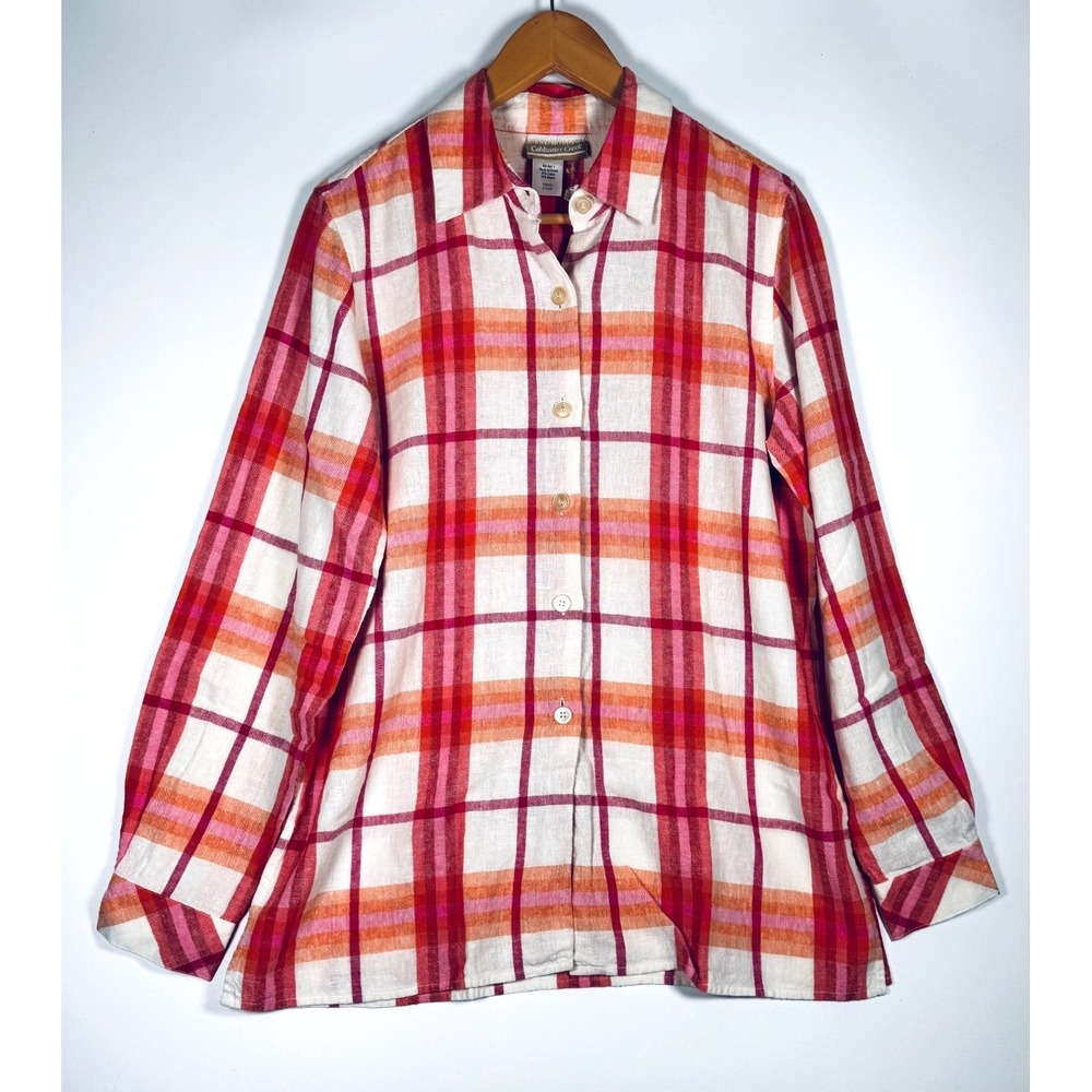 Coldwater Creek Button Down Shirt Medium Red Orange Plaid Linen Blend Casual